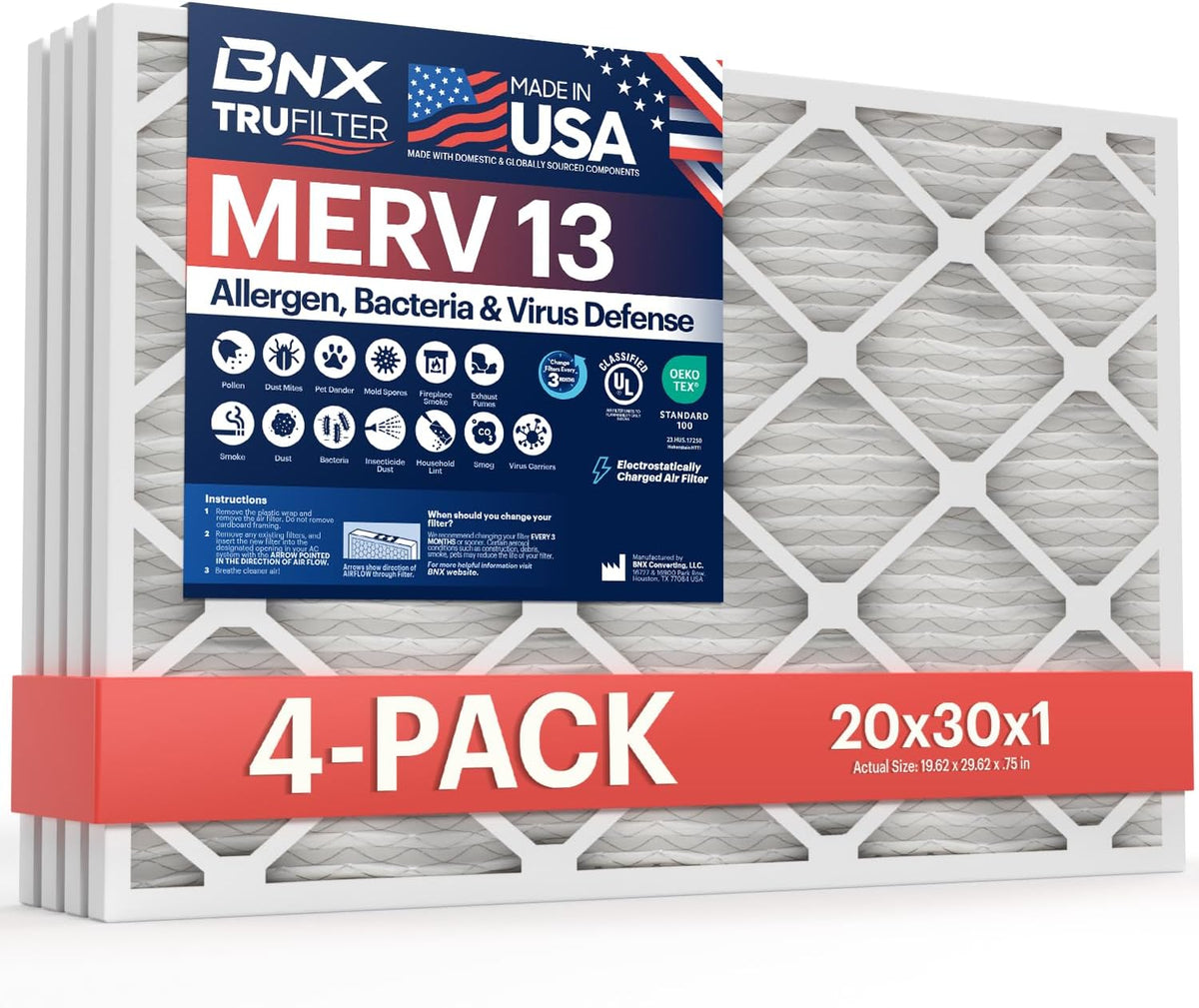 BNX TruFilter 20x30x1 Air Filter MERV 13 (4-Pack)