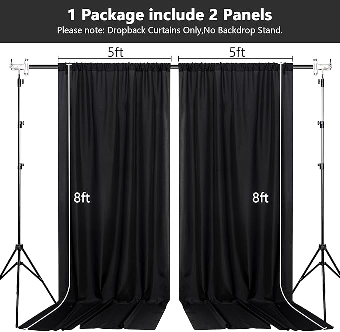 MEETSKY Black Backdrop Curtains for Parties - 10ft x 8ft Party Photo Background Curtain Rod Pocket Fabric Drapes Panels for Boys Birthday Holiday Home Halloween Decoration, 5ft x 8ft, 2 Panels