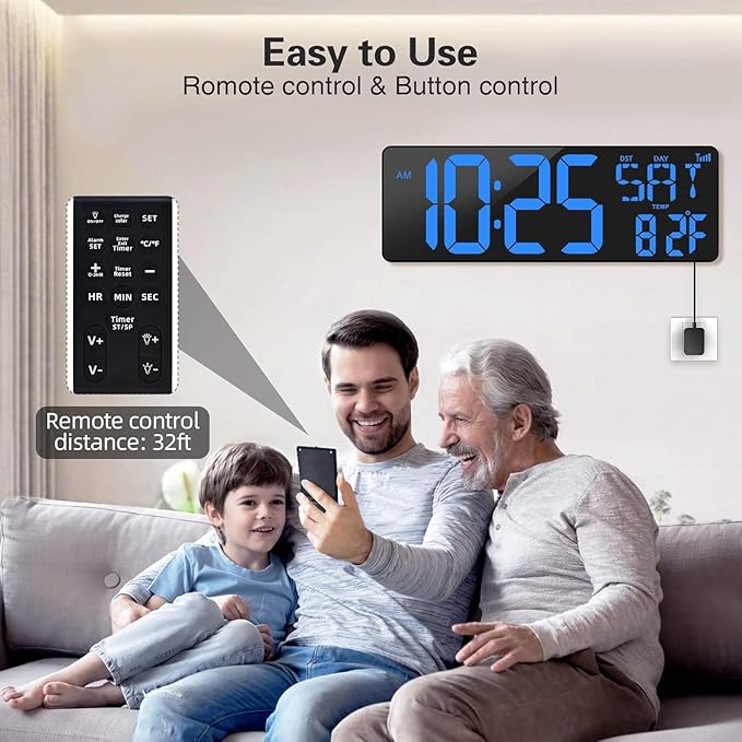 XREXS Large Digital Wall Clock WiFi Sync, 16.5 in Large Display Wall Clock