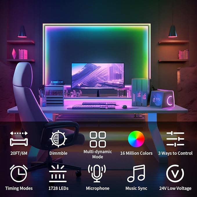 BUNACET 20FT LED Strip Lights COB Smart IC, 24V RGB LED Lights