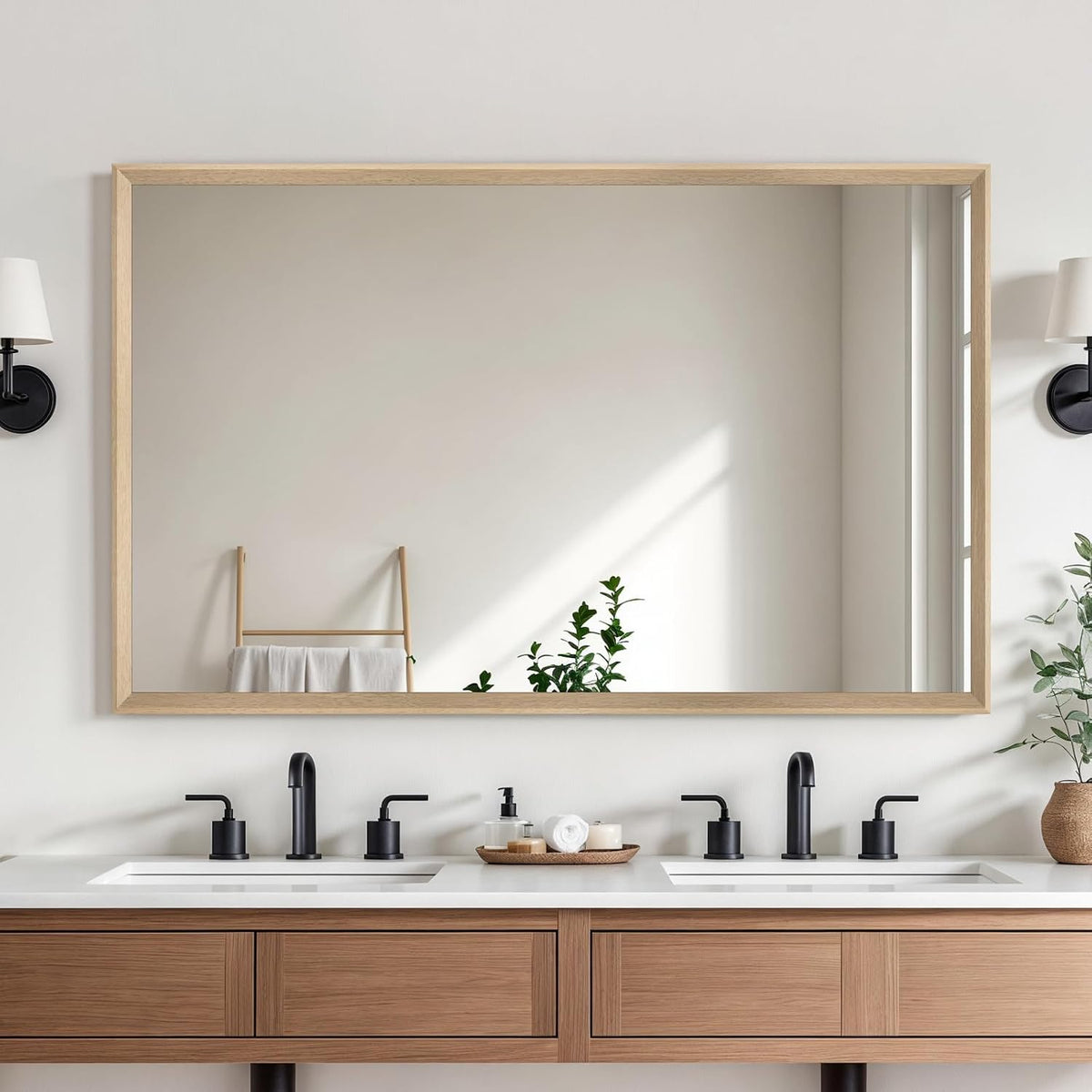 Oak Wood Effect Framed Wall Mirror, 30x48 Rectangle Mirror, Anti-desilvering