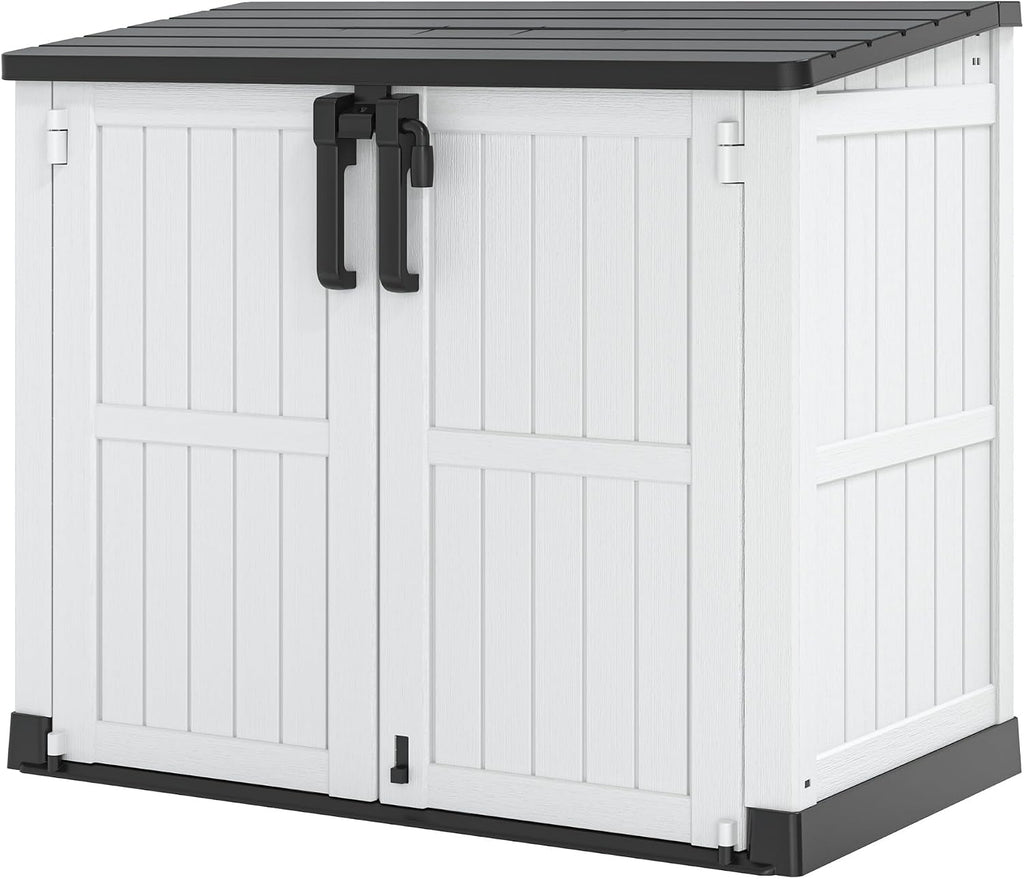 Plastic Outdoor Storage Shed, 36 Cu Ft Waterproof Outdoor Storage Cabinet with Dual Lock Door for Backyard, Patio, Garage, Garden to Store Tools & Accessories, Wood-Grain (Ashen-Black)