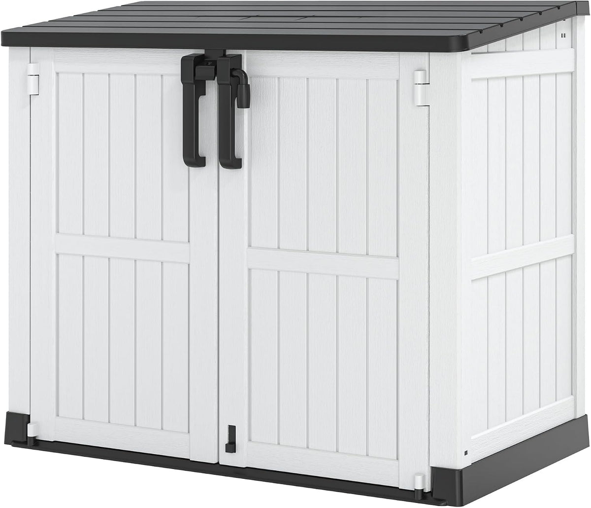 Plastic Outdoor Storage Shed, 36 Cu Ft Waterproof Outdoor Storage Cabinet with Dual Lock Door for Backyard, Patio, Garage, Garden to Store Tools & Accessories, Wood-Grain (Ashen-Black)