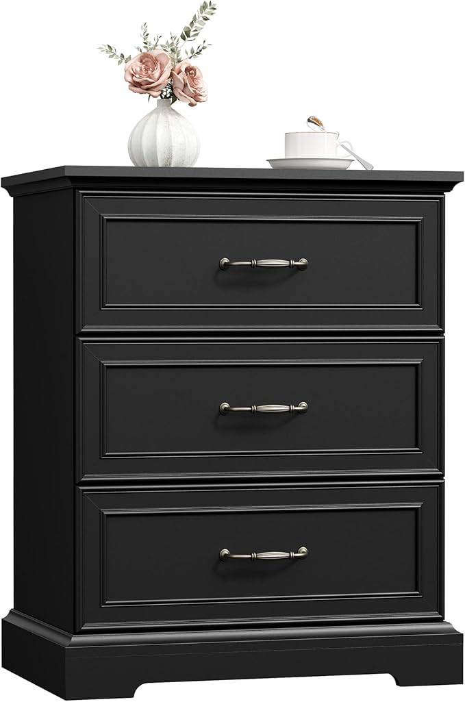 Nightstand with 3 Large Drawers, Rustic Farmhouse Wood Small Dresser, Bedside
