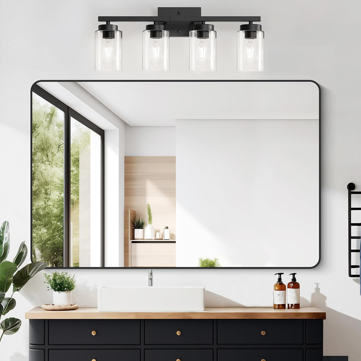 IZORRO Bathroom Light Fixtures, Modern Vanity Lights, Bathroom Lighting Fixtures Over Mirror with Clear Glass Shade, Wall Sconce for Living Room Cabinet Bedroom (Matte Black, 4-Light)