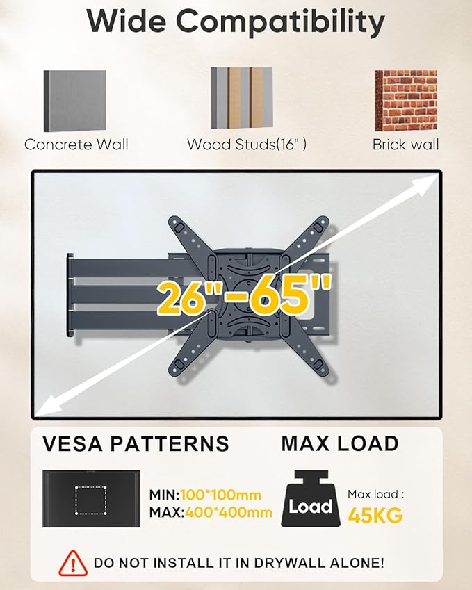 Extra Long Arm TV Wall Mount 48'' Extension, Rotating TV Wall Mount 180° Heavy