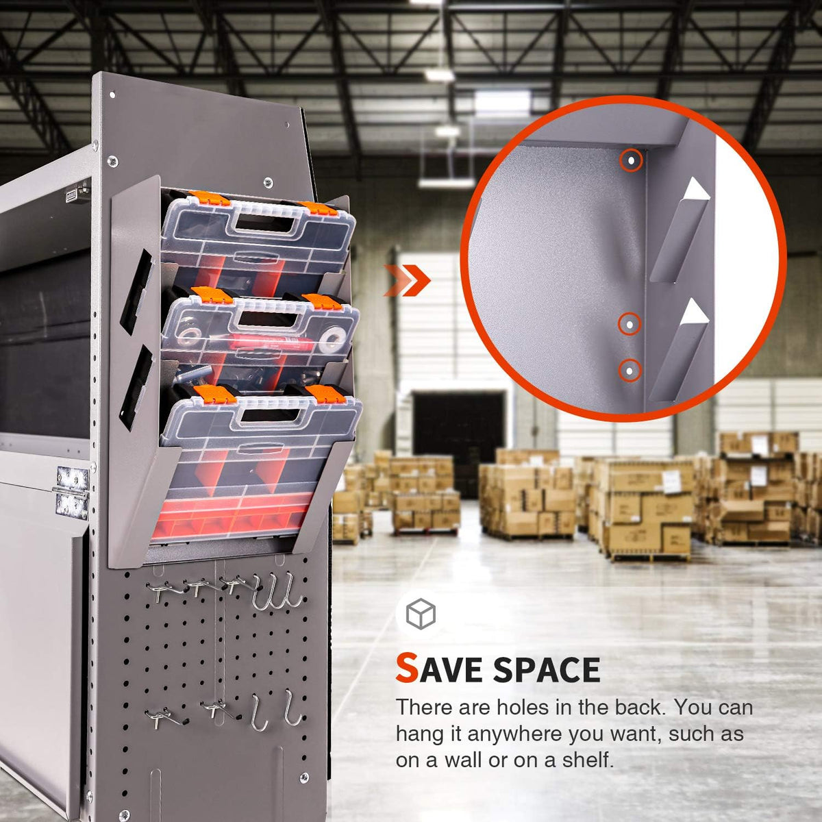 p-sh-hanging tote kit for shelving, 3 plastic storage showing dimensions