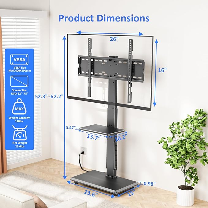 Rolling TV Stand with Power Outlet, Mobile TV Cart
