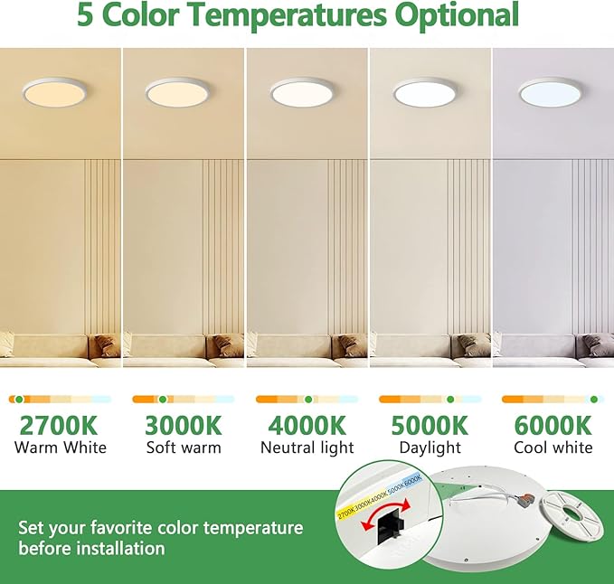 15.8 Inch Dimmable LED Flush Mount Ceiling Light, 3000K/3700K/4000K/5000K/6000K (4PK)