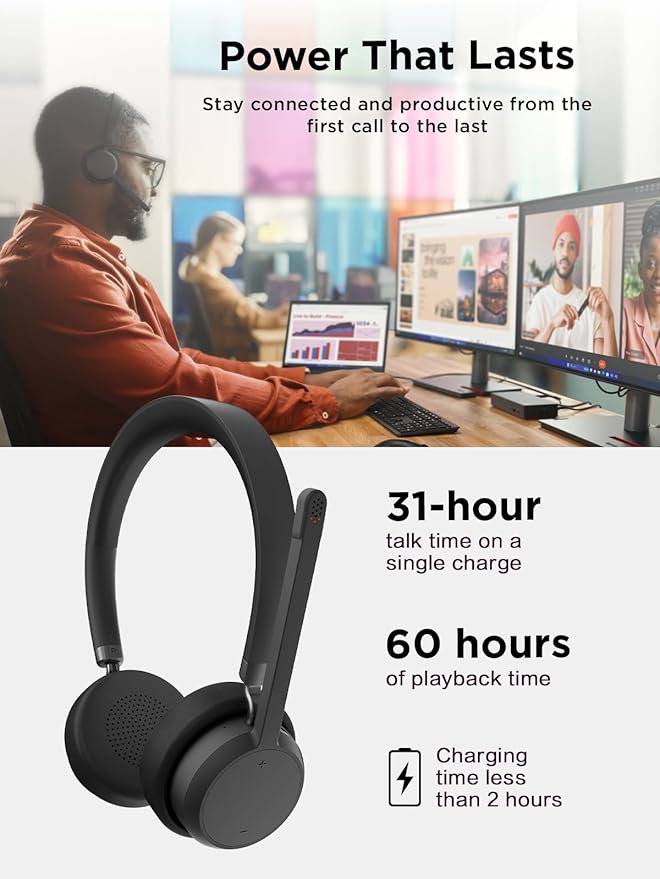 Lenovo Wireless Stereo Headset, Noise Cancelling Mic, 31-Hour Talk & 60-Hour
