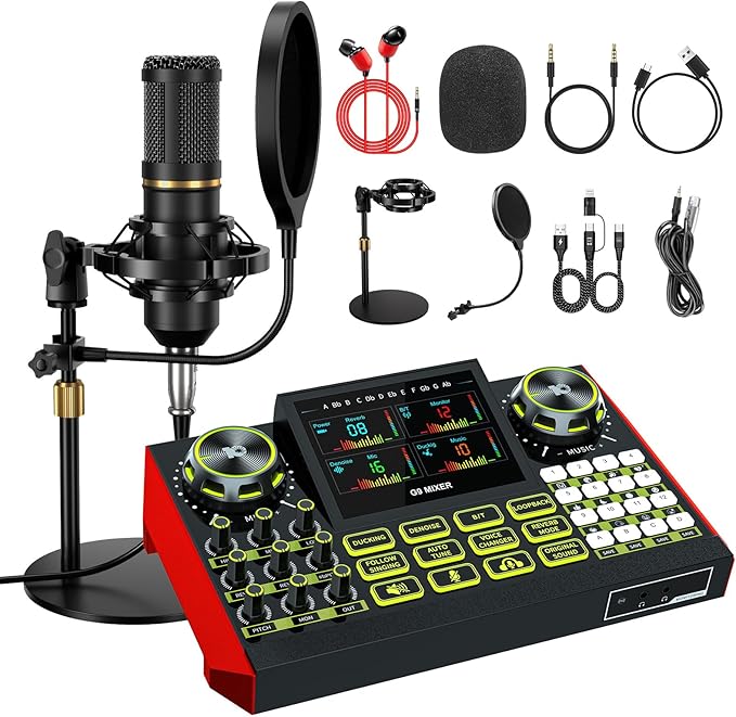 Podcast Microphone Bundle with Live Sound Card Audio Mixer, Podcast Equipment