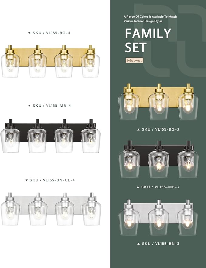 METWET Bathroom Light Fixtures, 3-Light Modern Vanity Light