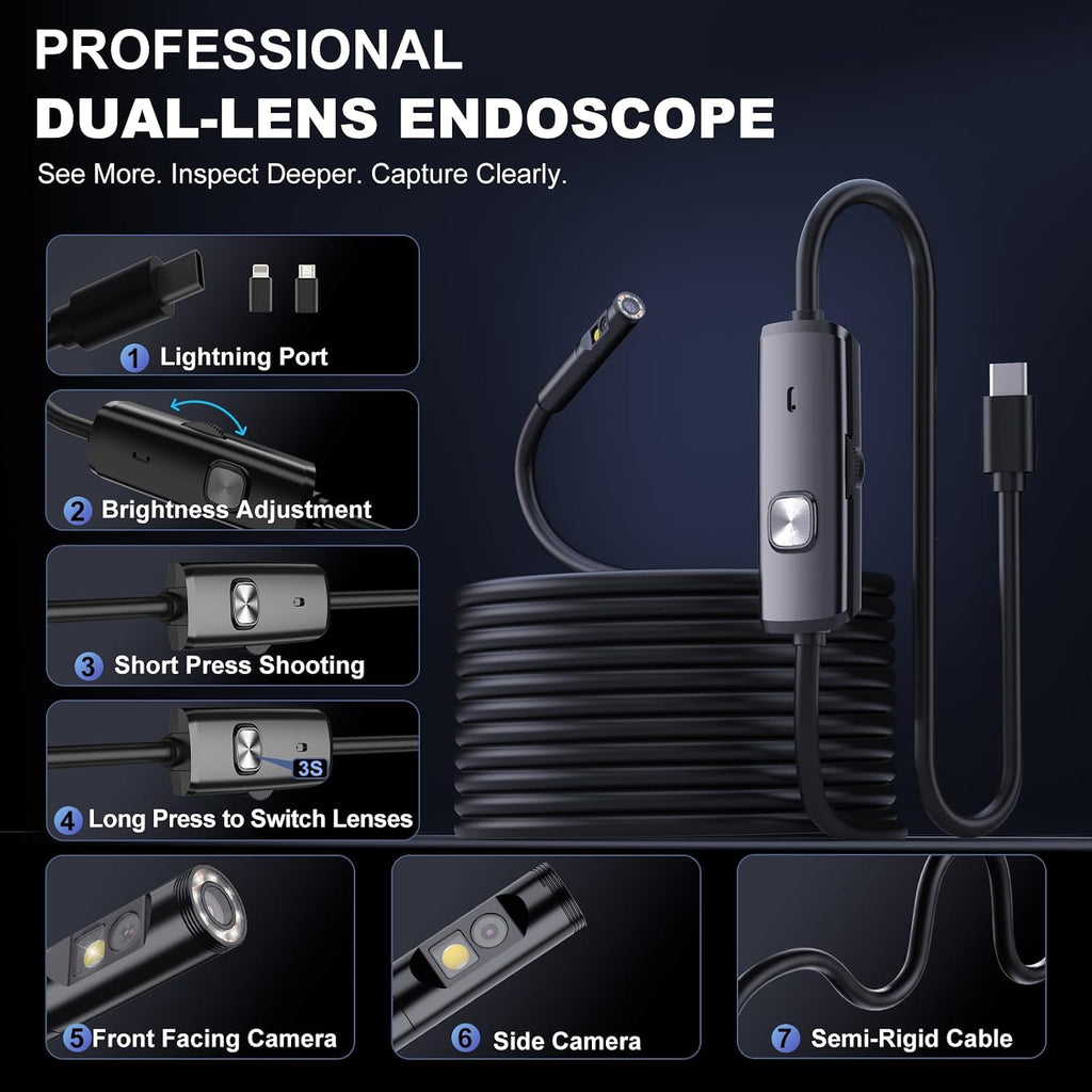 dual-lens endoscope camera with light,1920p hd borescope inspection, close-up detail