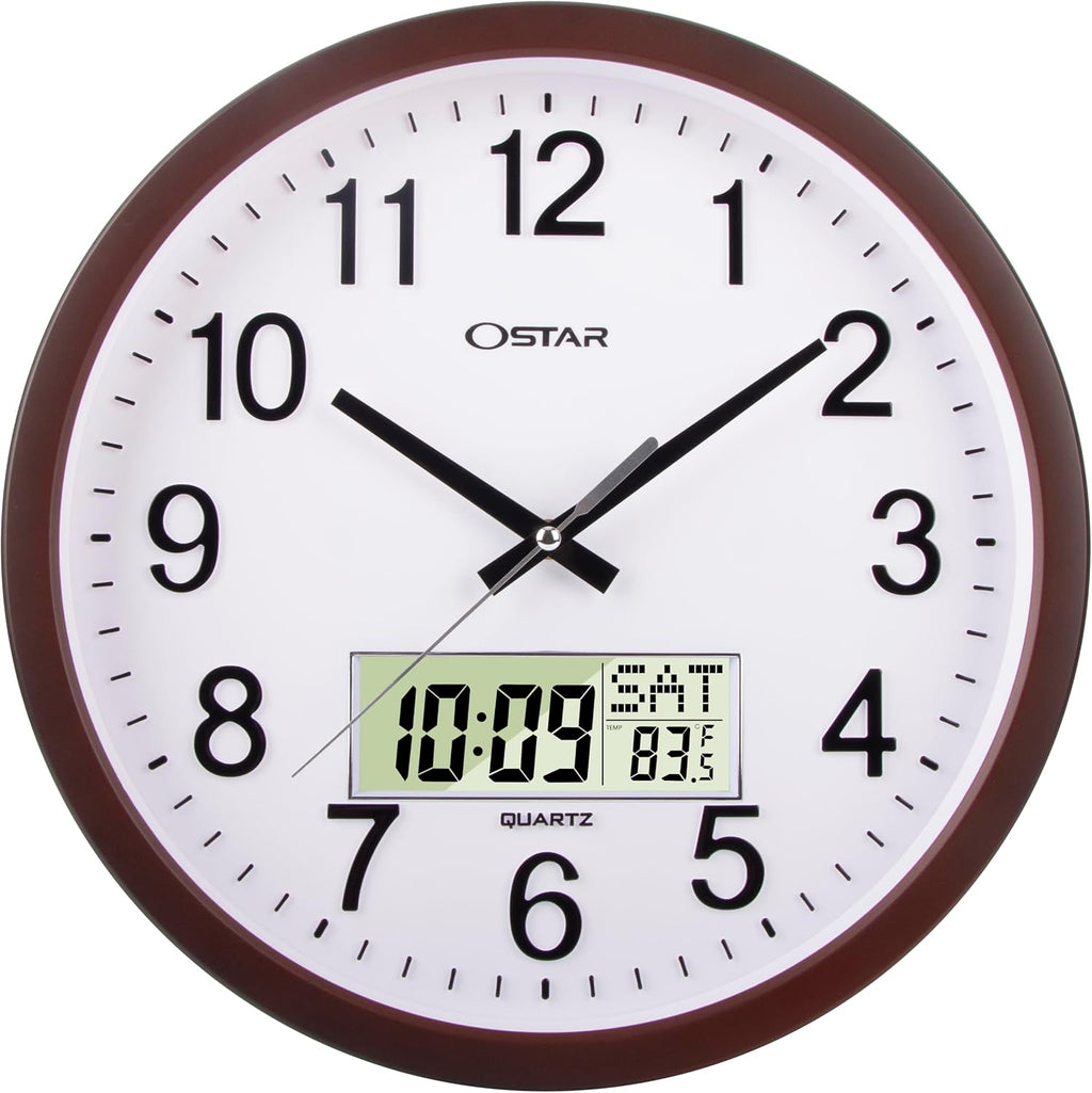 OSTAR 14" Large Analog Digital Display Wall Clock Silent Non-Ticking, Day of