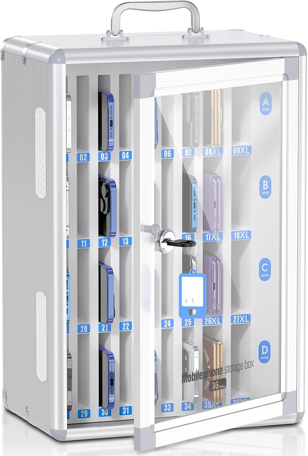 36 Slots Cell Phone Locker for Classroom, Portable Mobile Phone Storage Box with 【2 Different Size Slots】, Phone Lock Box Wall Mounted (Silver)