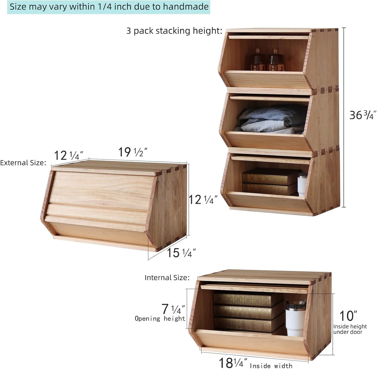 stackable solid wood storage chests, modular bins with shown in use