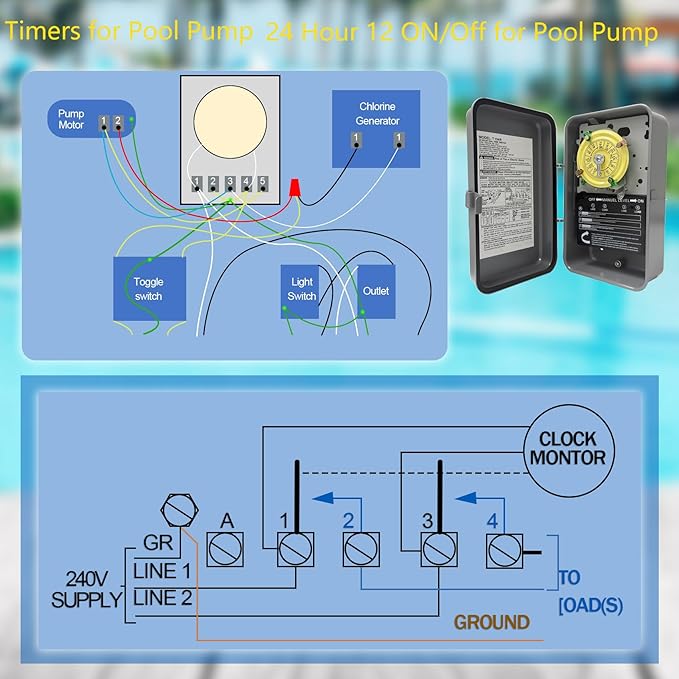 T104R Mechanical Timer Switch, 208–277 VAC 40 Amp, Pool Pump Switch, 24 Hour 12