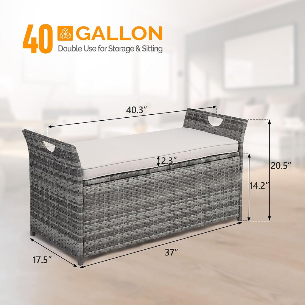 vingli 40 gallon rattan deck box with cushion shown in use