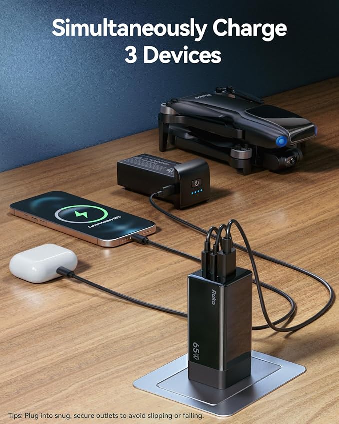 Ruko 65W USB C Charger, 3 Port Compact Foldable GaN Fast Charging Block Wall