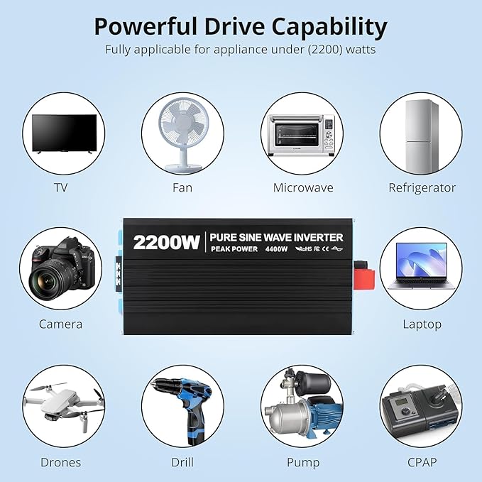 2200W Pure Sine Wave Inverter, 1 USB Port 5v/2.4a, LCD Display&Remote Controller