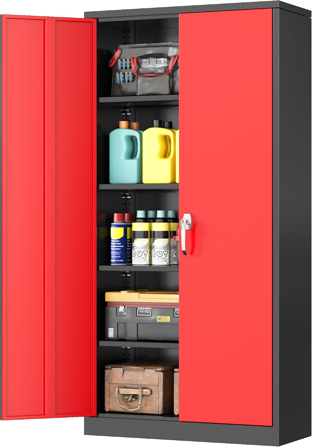 INTERGREAT Metal Garage Storage Cabinet with Lock, 72" Storage Cabinet with Locking Doors and 4 Adjustable Shelves, Lockable Steel Tool Cabinet for Home Office, School, Black Red