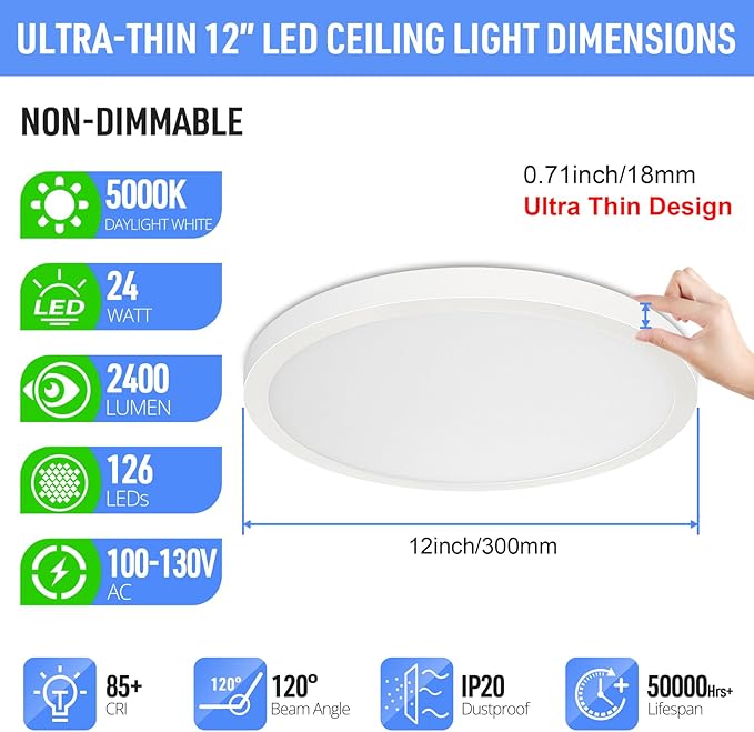 SunRider 4-Pack LED Flush Mount Ceiling Light Fixture, 5000K Daylight White