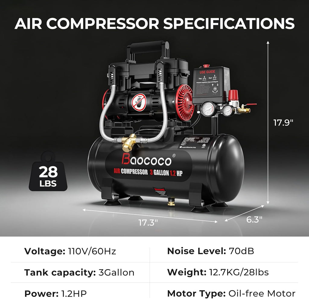 3Gallon Ultra Quiet Air Compressor with Two Quick Couplers 1.2HP MAX115PSI