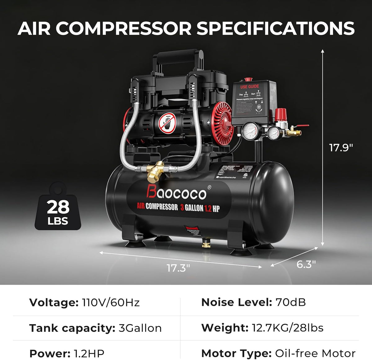 3Gallon Ultra Quiet Air Compressor with Two Quick Couplers 1.2HP MAX115PSI