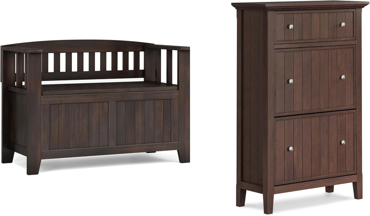 SIMPLIHOME Acadian Storage Bench and Shoe Cabinet Set in Brunette Brown