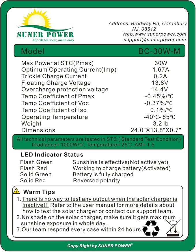 SUNER POWER 30W 12V Solar Battery Charger Maintainer, Built-in Smart MPPT