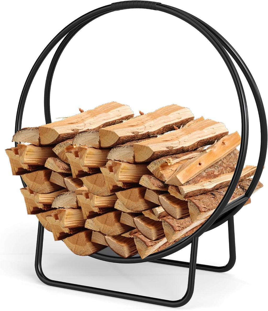 HAPPYGRILL 20” Firewood Log Hoop, Heavy Duty Metal Firewood Rack w/U-shaped Stand, Indoor Outdoor Round Wood Storage Holder for Fireplace, Patio, Deck, Backyard, Black Powder Coated, No Assembly