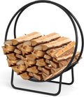 HAPPYGRILL 20” Firewood Log Hoop, Heavy Duty Metal Firewood Rack w/U-shaped Stand, Indoor Outdoor Round Wood Storage Holder for Fireplace, Patio, Deck, Backyard, Black Powder Coated, No Assembly