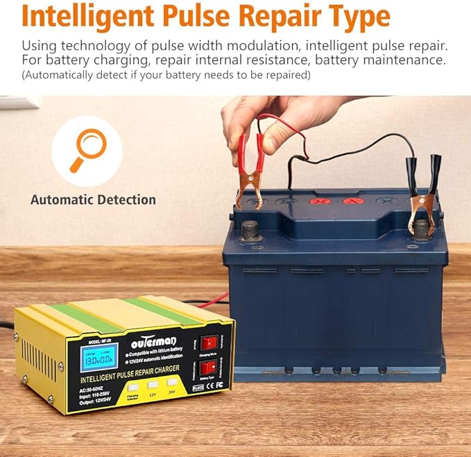 Outerman Car Battery Charger 12V 24V Lithium Battery Charger, Auto Battery
