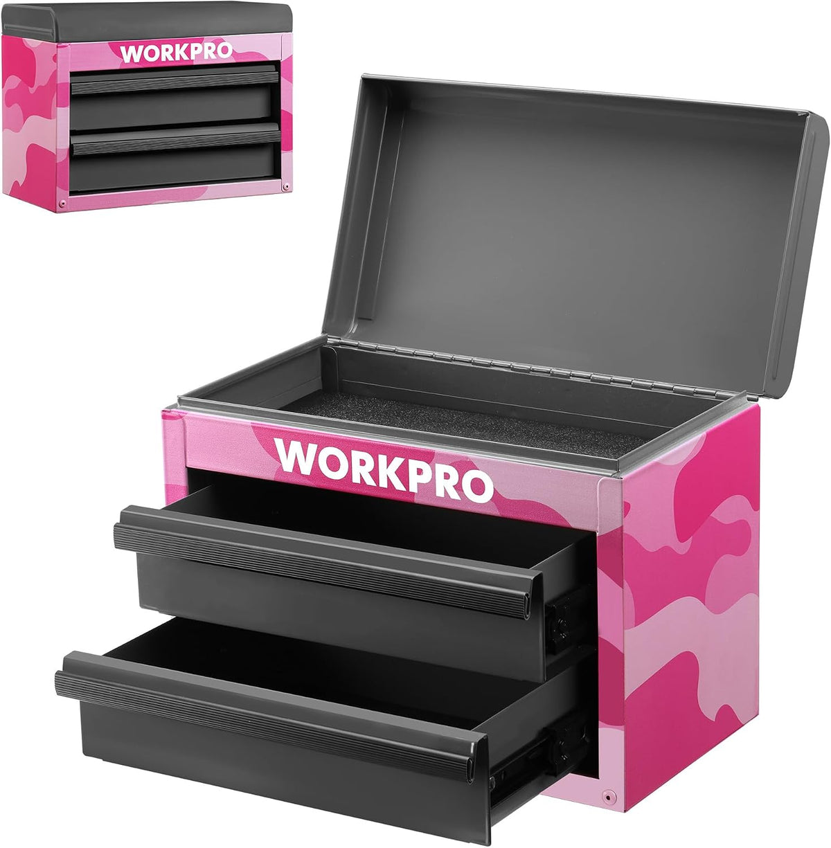 WORKPRO Metal Mini Tool Box with 2 Drawers and Top Storage