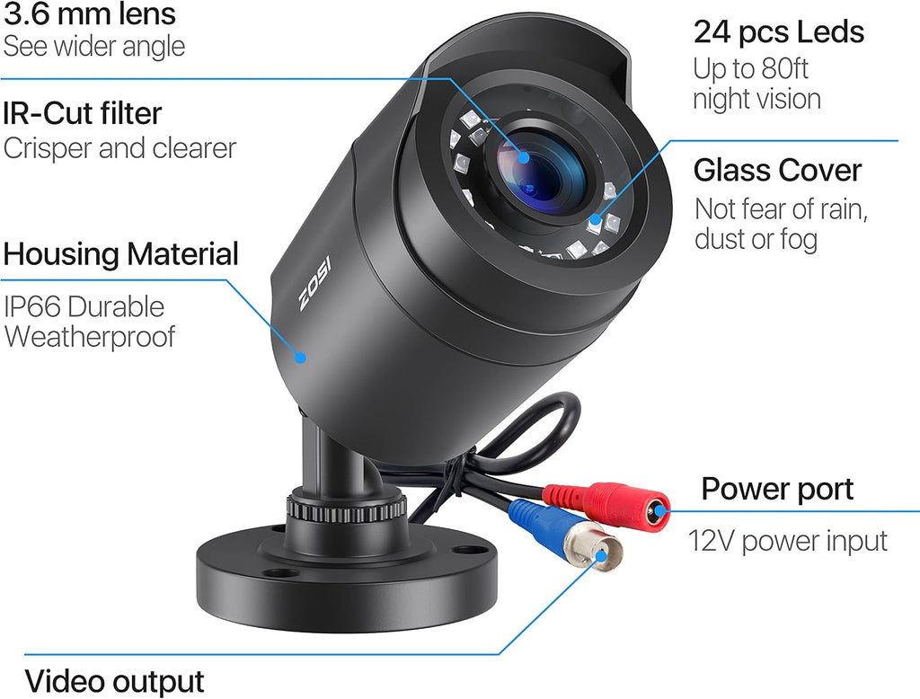zosi 4 pack 2mp 1080p hd-tvi home security, close-up detail