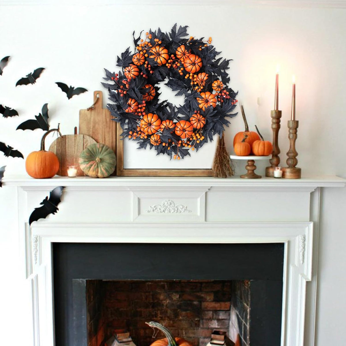 Halloween Wreaths Black Maple Leaf Wreath Orange Pumpkin Wreath Holiday Decoration Party Party Celebration Wreaths Front Door Back Door Hallway Patio Decoration