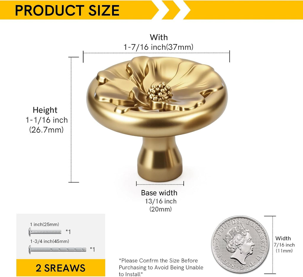 Rergy Cabinet Knobs for Drawer Dresser Closet Flower Shape 12 Pack, Solid Lemon Gold Drawer Knobs, Brushed Brass Zinc Alloy Cabinet Hardware for Cupboard Drawers Dressers