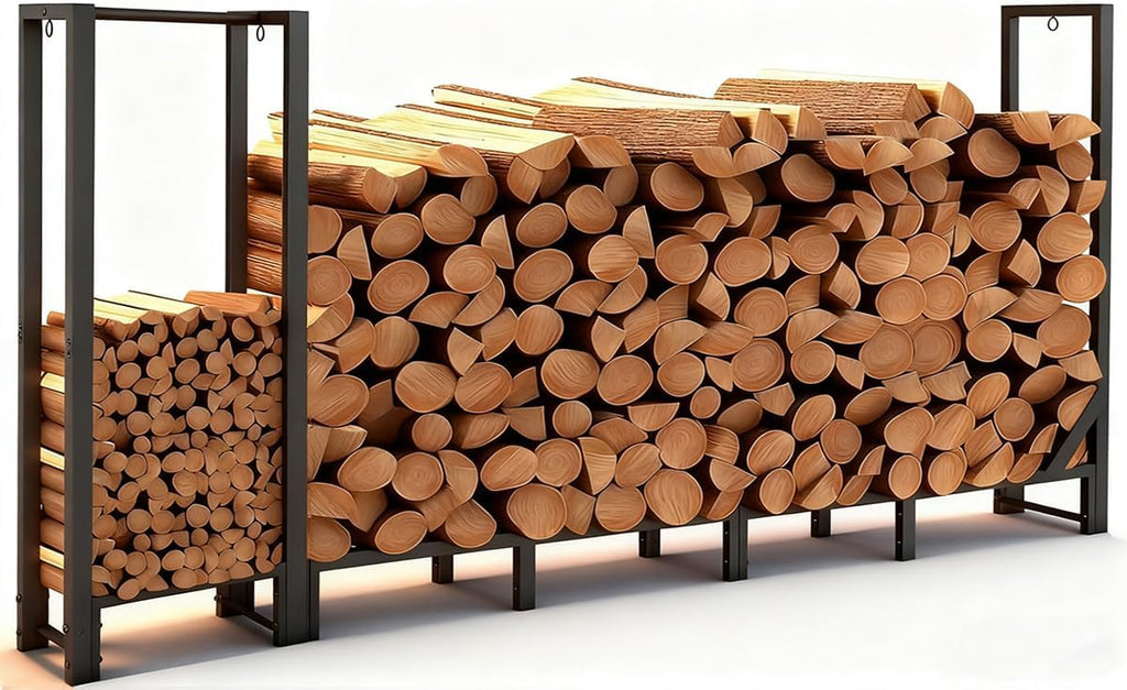 8ft Heavy Duty Firewood Rack with Kindling Storage,Black