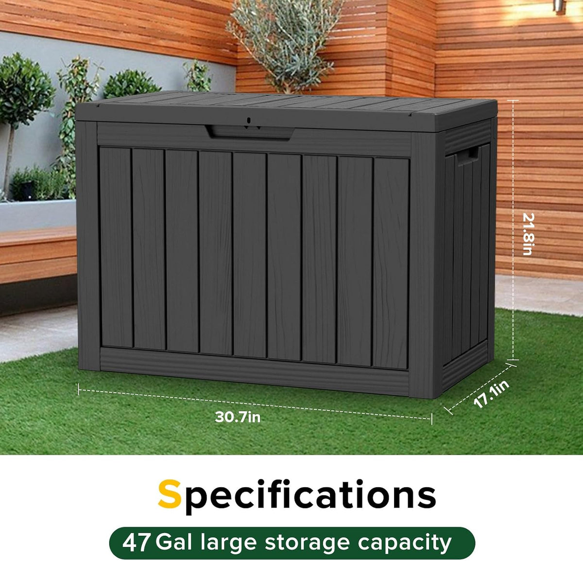 deck box large outdoor storage for patio furniture showing dimensions