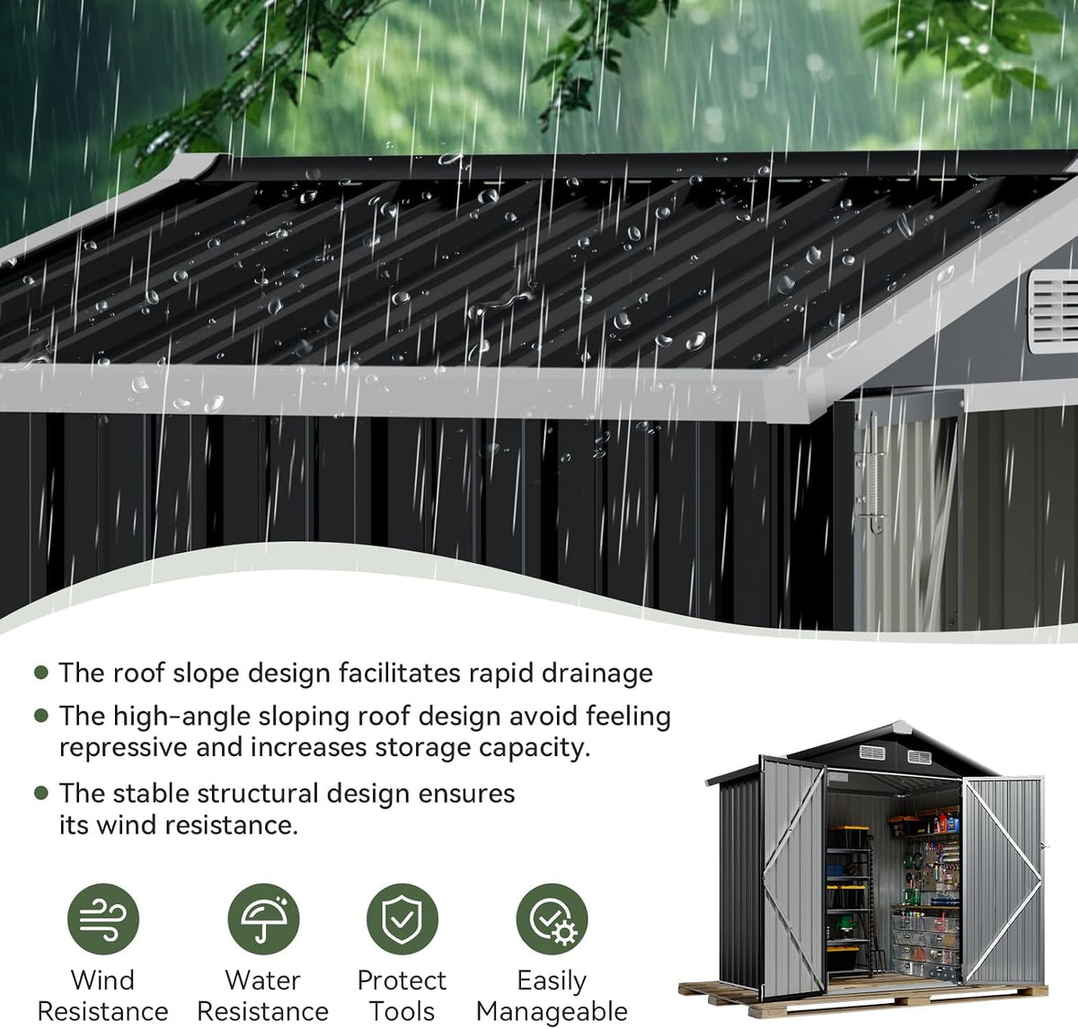 aoxun 6x4 ft shed outdoor storage shed, black, side view