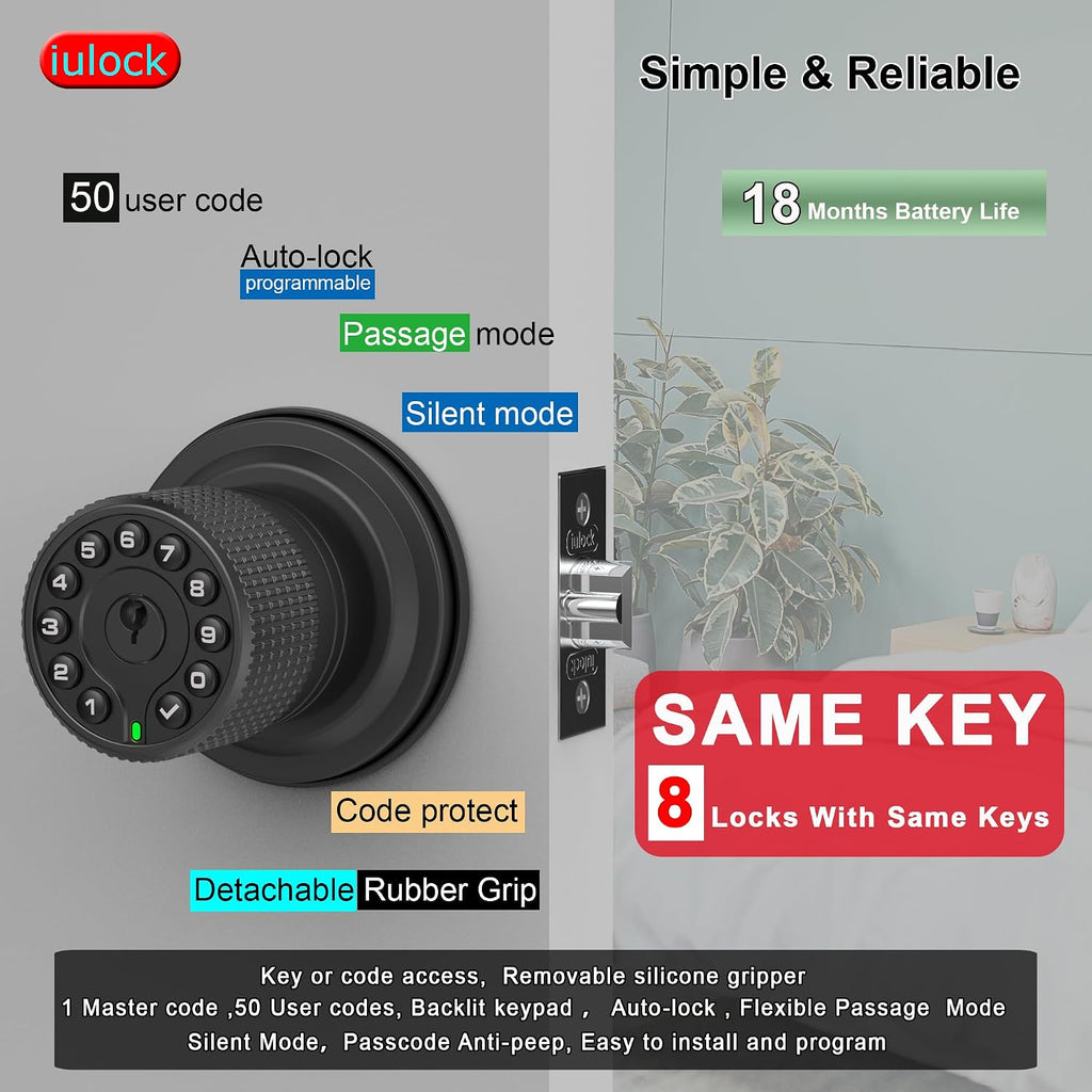 iulock smart door knob with keypad and key,keyless shown in use