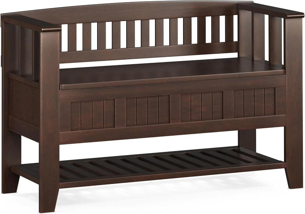 SIMPLIHOME Acadian 48" Wide Solid Wood Storage Bench in Brunette Brown