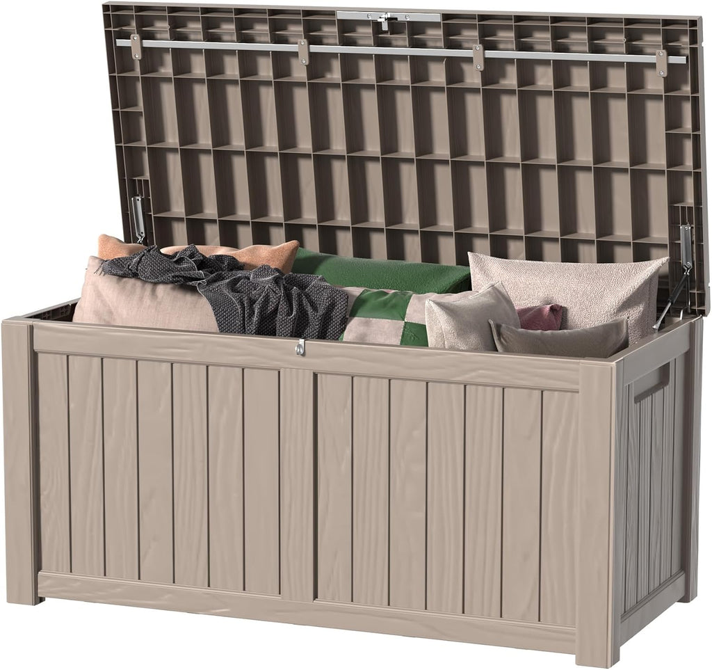 150 gallon lockable resin deck box, waterproof outdoor shown in use