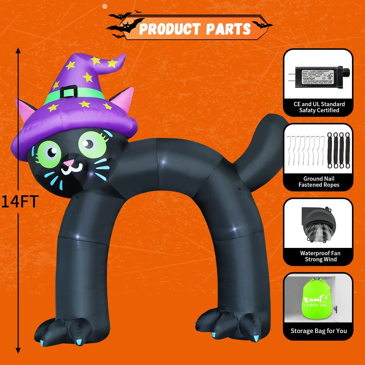 COMIN 14FT Halloween Inflatables Outdoor Decorations Black Cat Arch Blow Up Yard Decoration with Built-in LED for Yard Garden Party Lawn