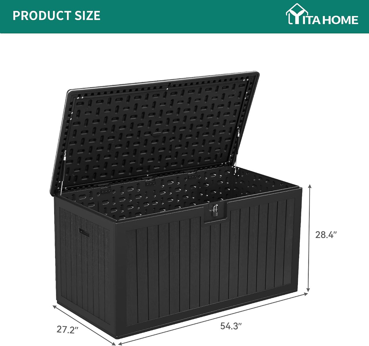 yitahome 180 gallon double-wall deck box with side showing dimensions