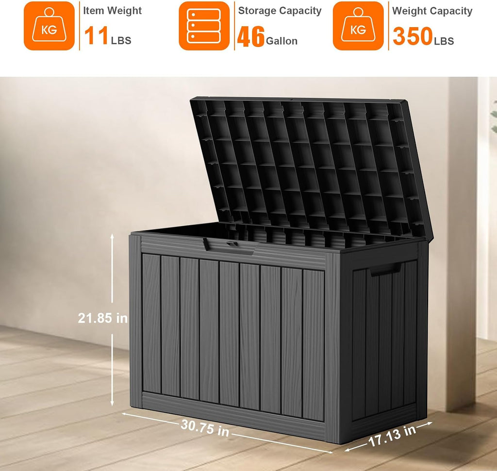 46 gallon outdoor deck box, resin waterproof storage showing dimensions