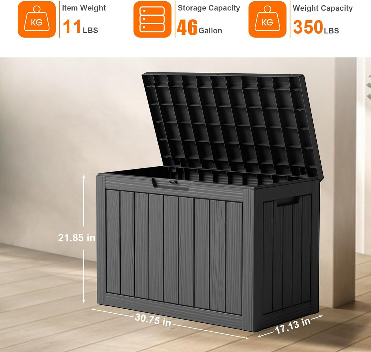 46 gallon outdoor deck box, resin waterproof storage showing dimensions