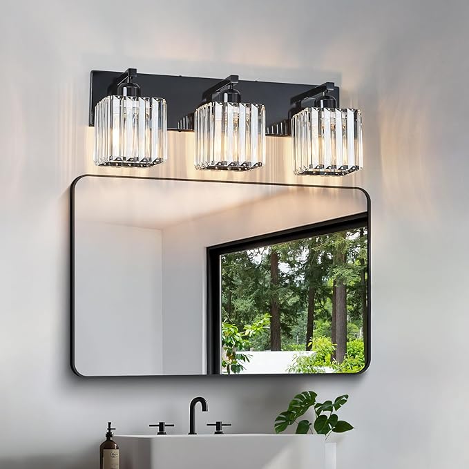 FDPBY Modern Bathroom Vanity Light 3-Lights Plating Black Crystal Bathroom Wall