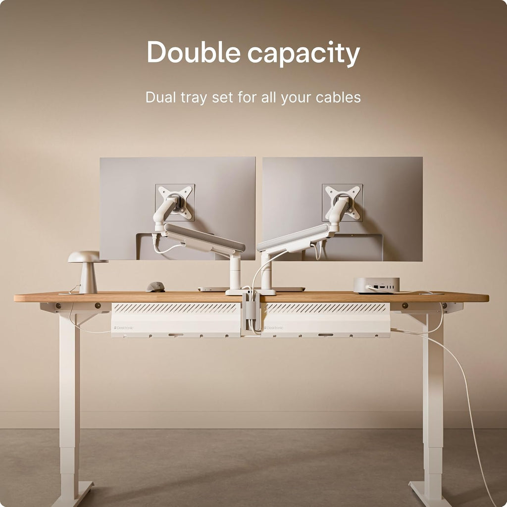 Desktronic Cable Duct Desk White Set of 2 - Stainless Steel Cable Management Desk Cable Duct with 5 Cable Cut-Outs - Easy to Install Cable Organiser - Cable Holder