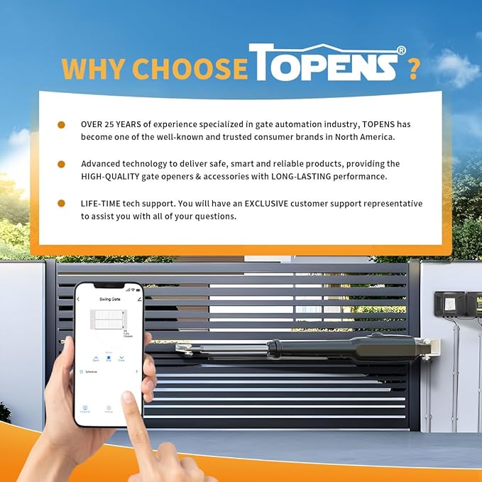 TOPENS XD851 Smart Gate Opener for Heavy Duty Single Swing Gates Up to 18ft